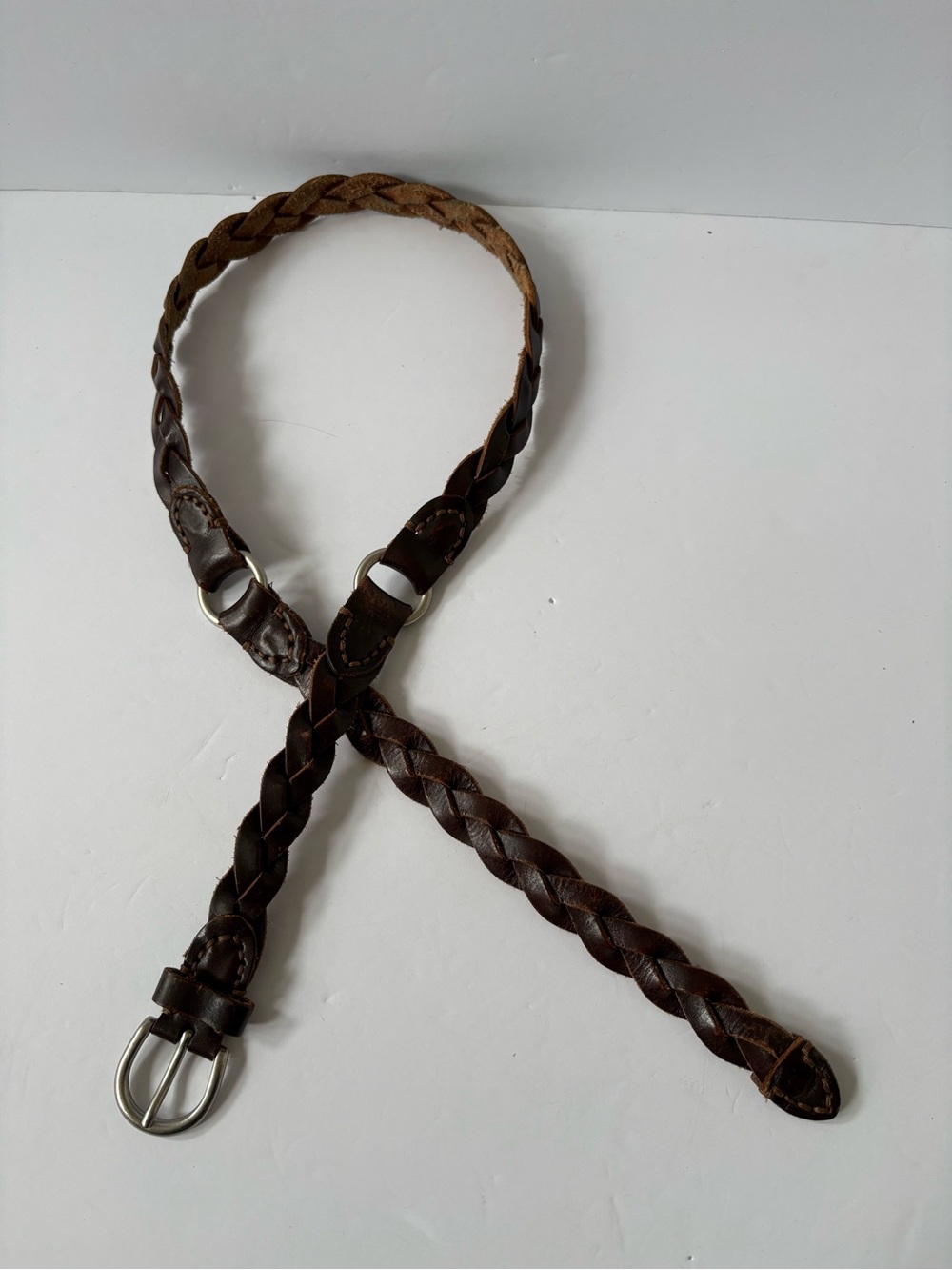 Brown Hand Braided Slim Genuine Leather Belt Silver Brass Buckle L Boho Pirate